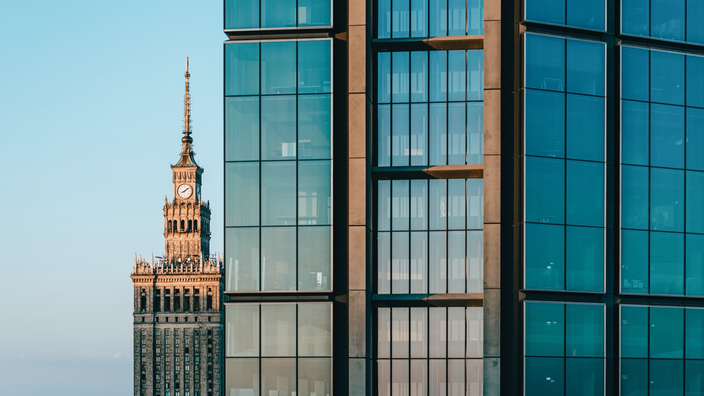 The view from the FOXXY office, a glass tower beside an older spired building